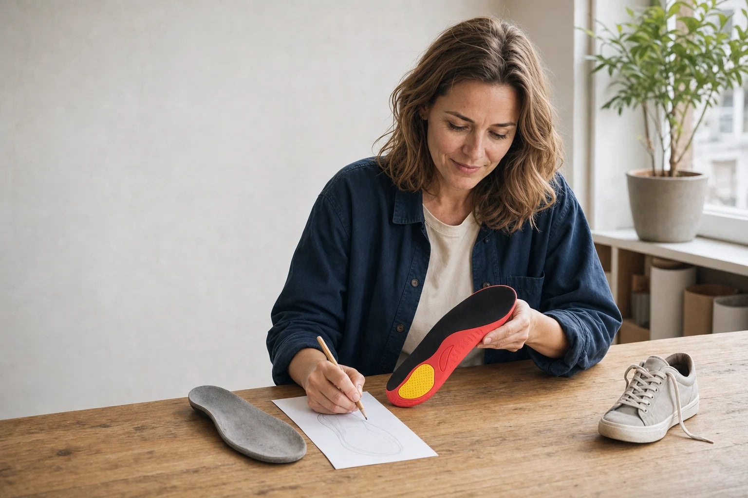 Sophie Vermeer comparing an Ortavio ArcCore prototype at her kitchen workbench