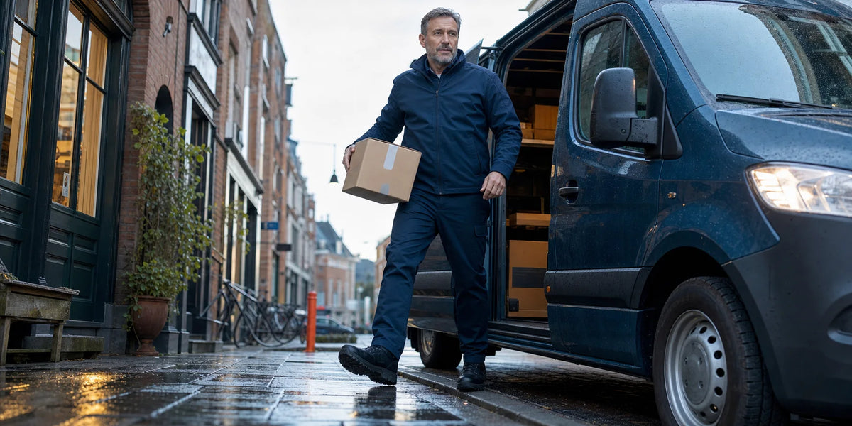 Parcel courier stepping out for a workday on his feet