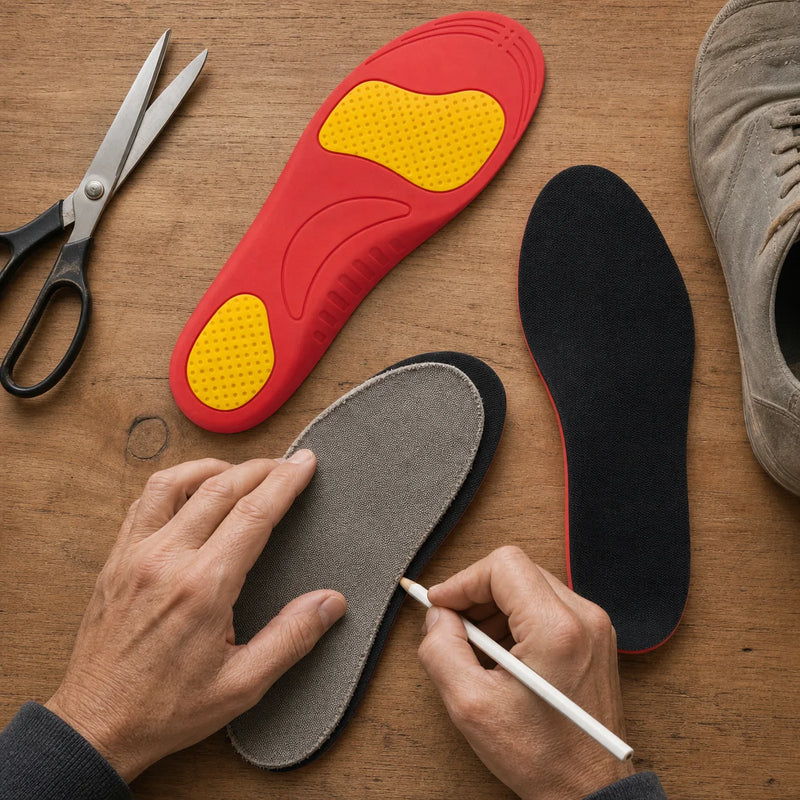 Hands tracing an old insole to trim Ortavio ArcCore to fit