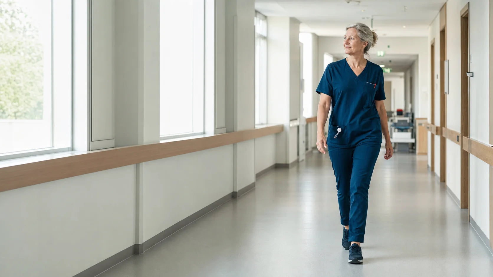 Experienced nurse walking comfortably through a hospital corridor